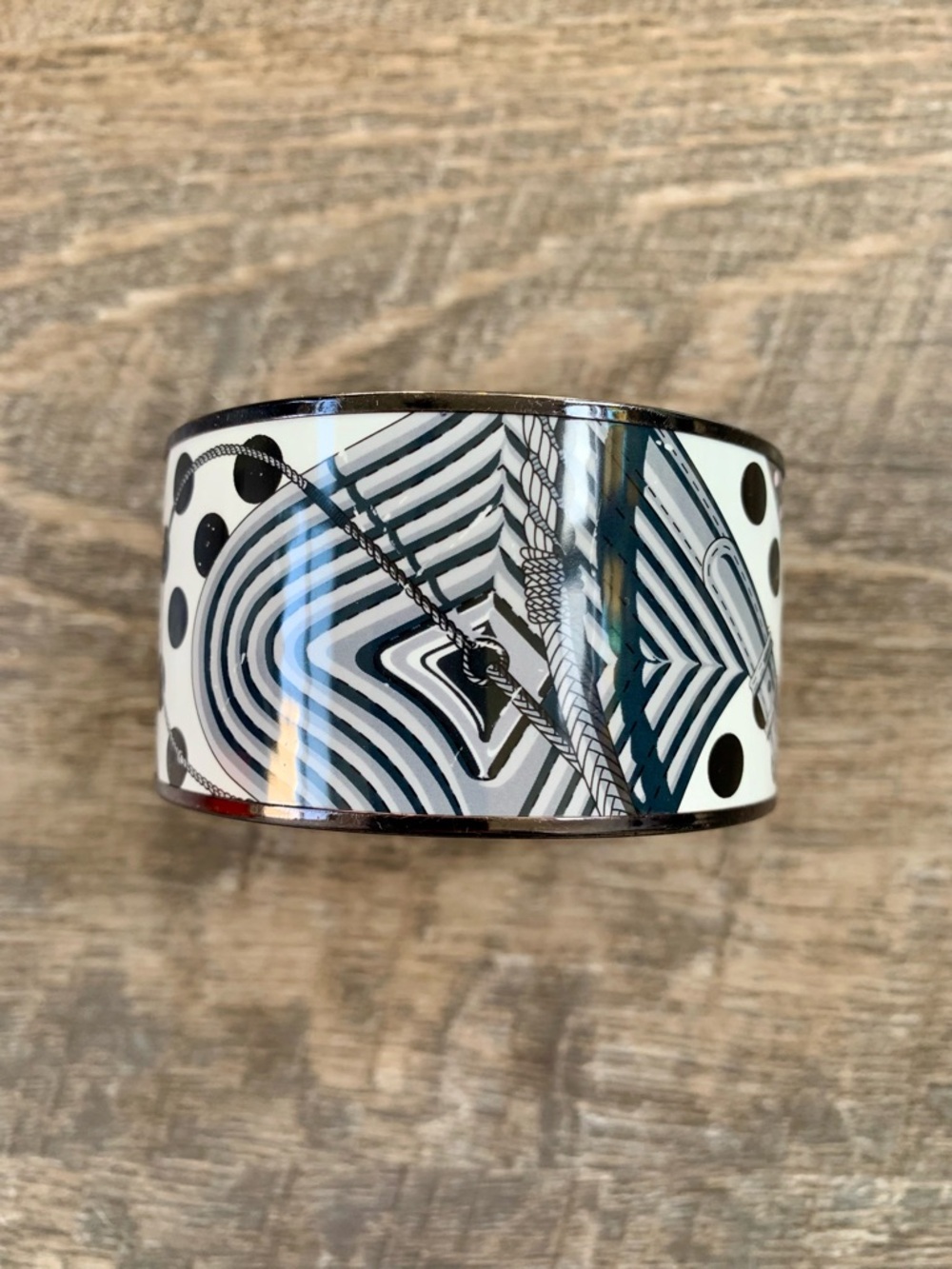Hermes Clic-Clac a Poise Enamel Black, White and Pink Graphic Wide Cuff Bracelet
